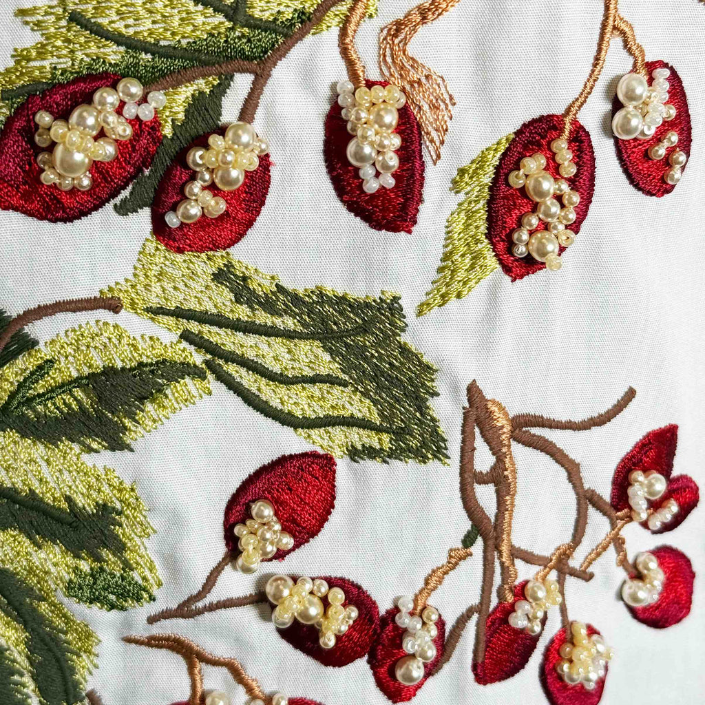 Oversized Shirt embroidered with hawthorn berries and pearl hand embellishment
