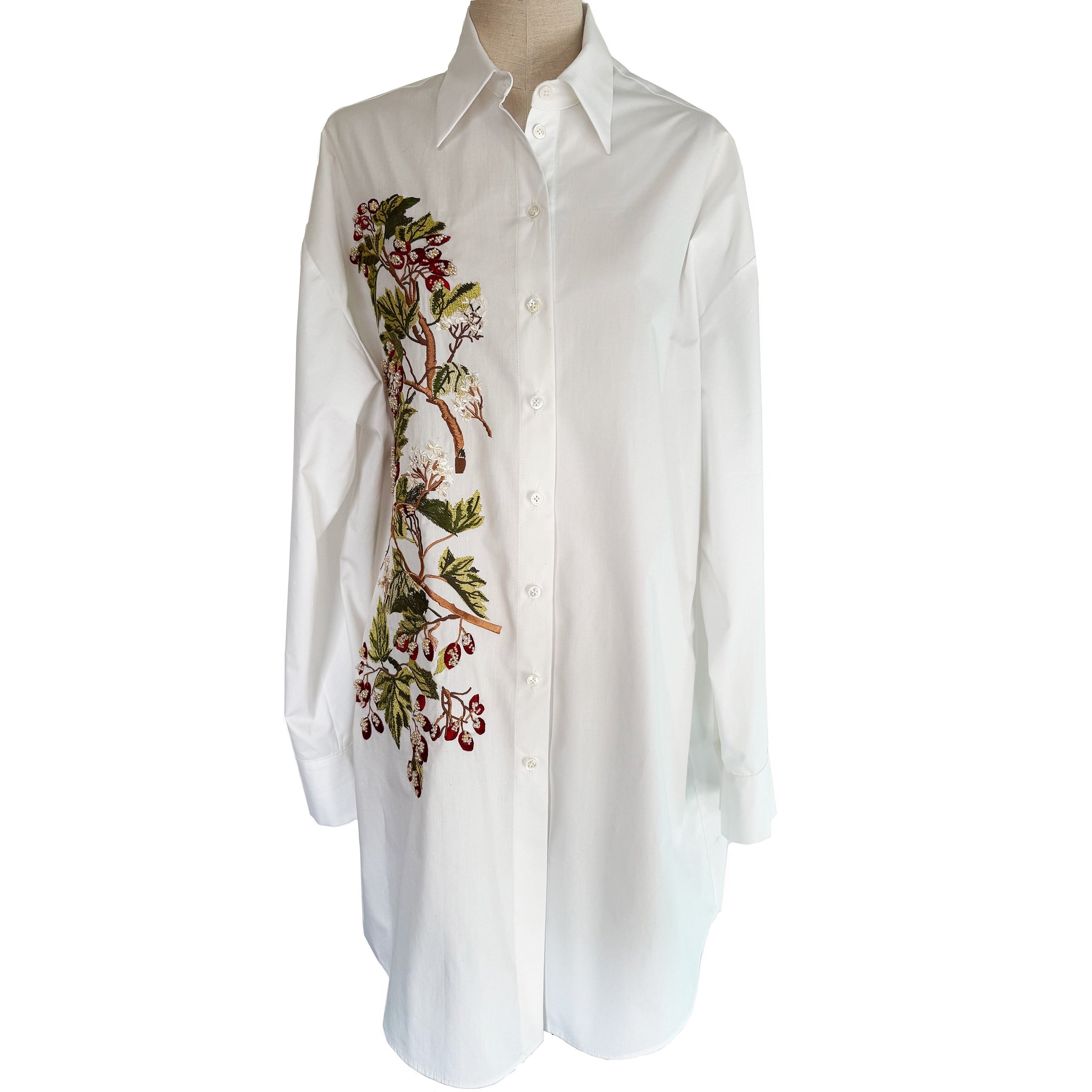  Oversized Shirt embroidered with hawthorn berries and pearl hand embellishment 
